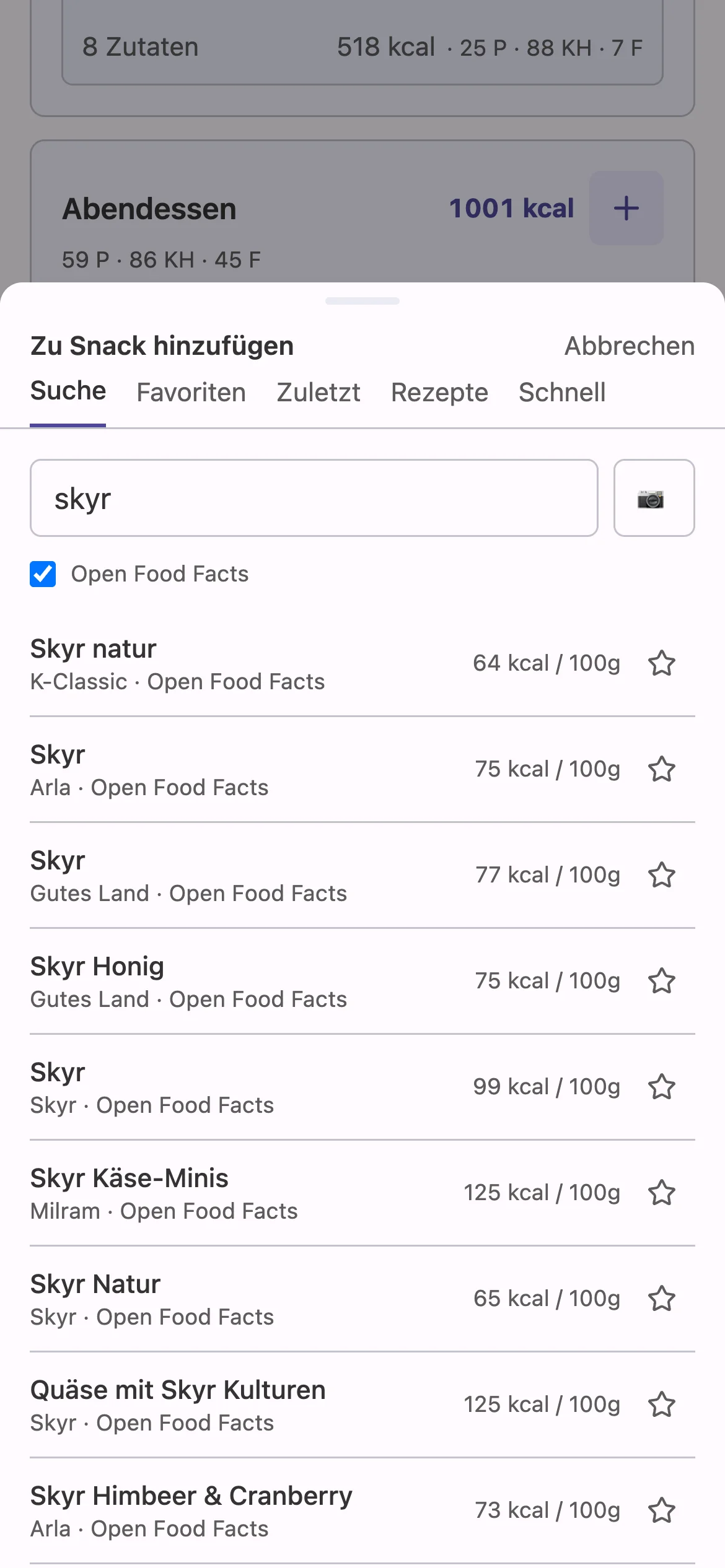 Snack hinzufügen: Suche nach „skyr“ mit eingeschalteten Open-Food-Facts-Ergebnissen.