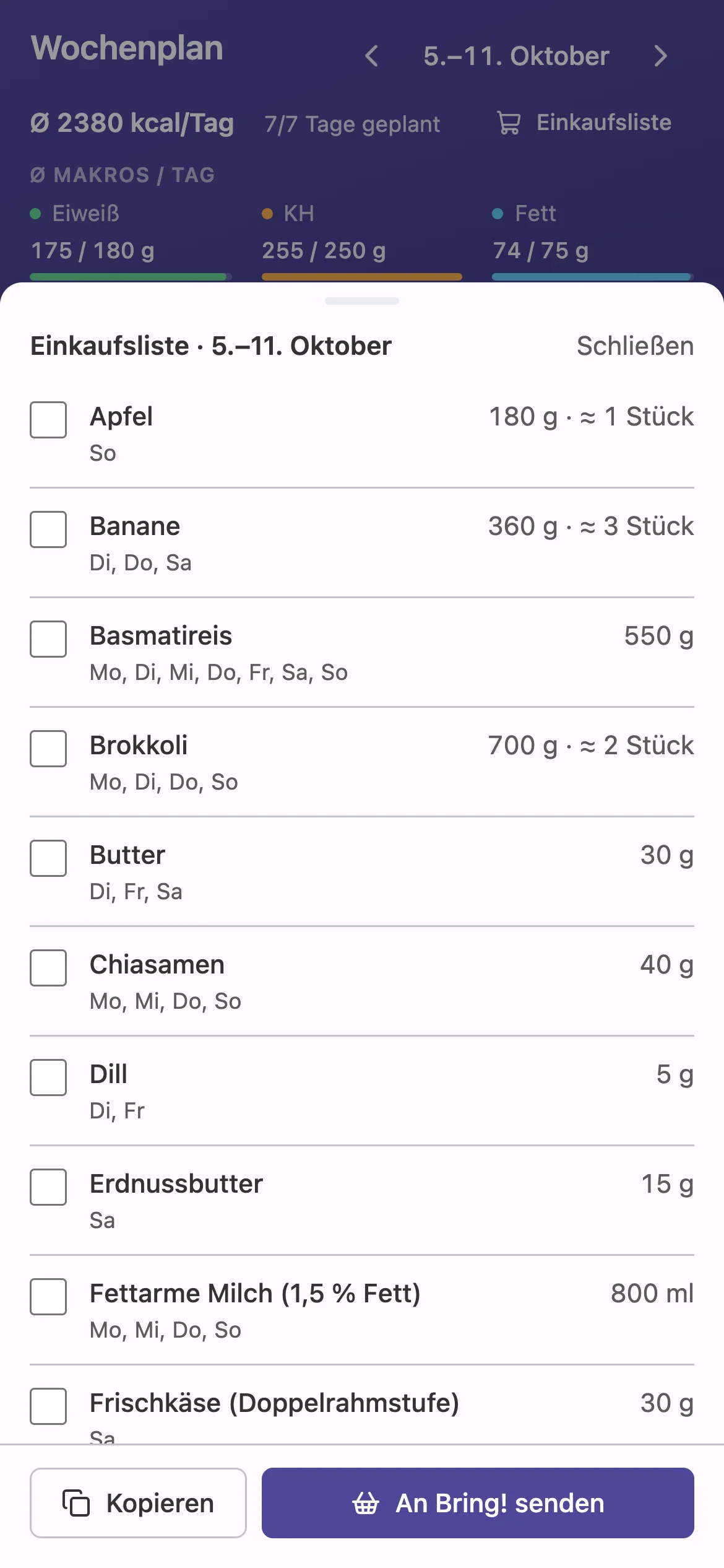 Die Einkaufsliste der Woche, aus dem Essensplan zusammengerechnet.