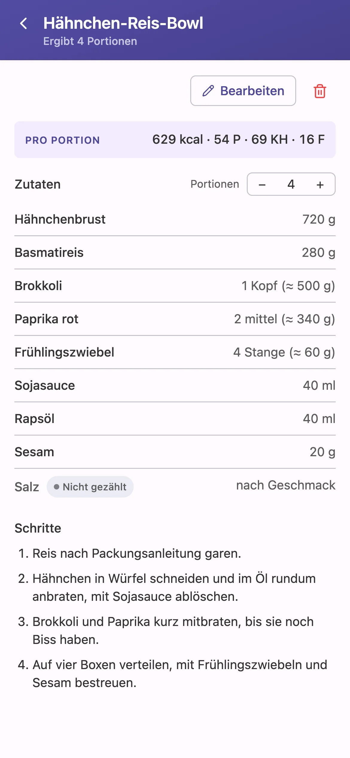 Ein gespeichertes Rezept mit Zutaten und Makros pro Portion.