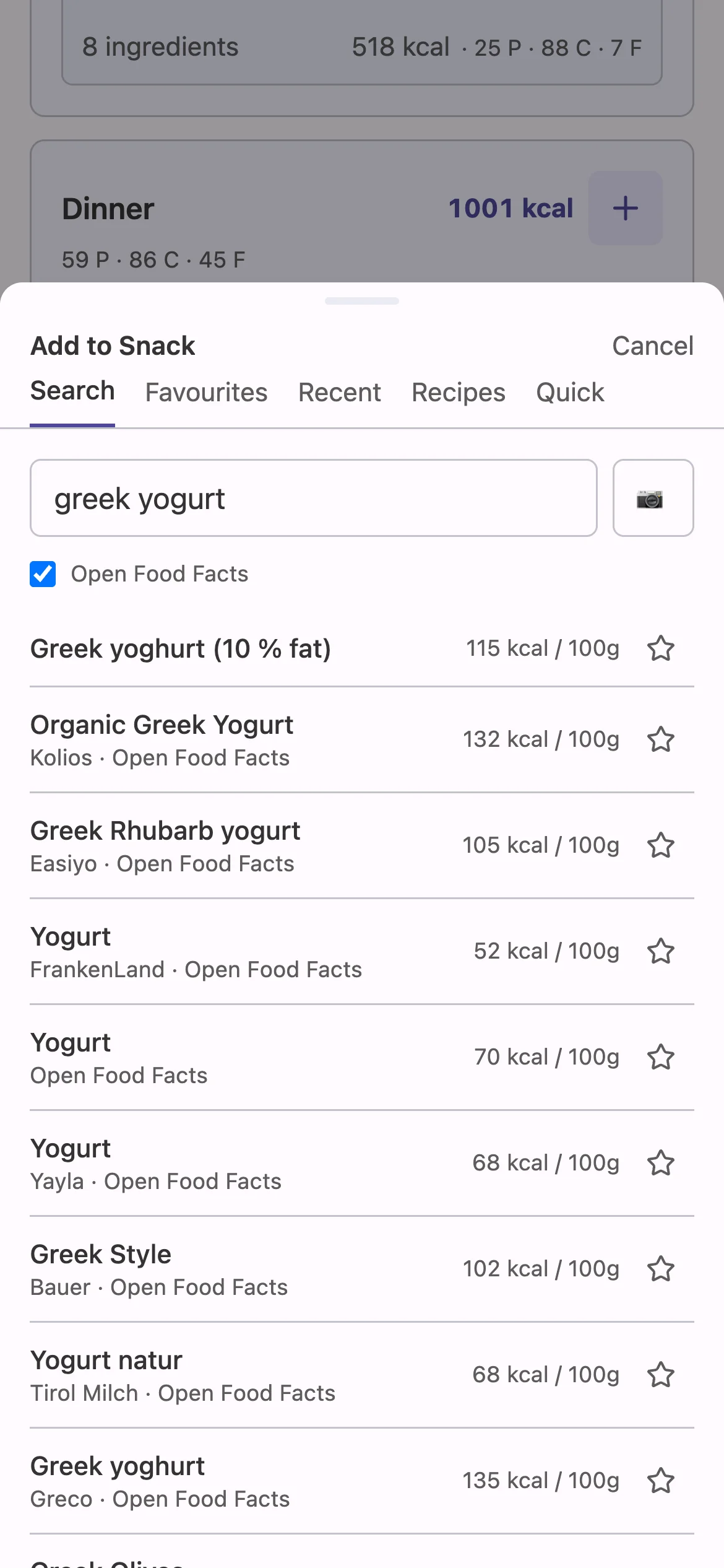 Adding a snack: searching “skyr” with Open Food Facts results switched on.