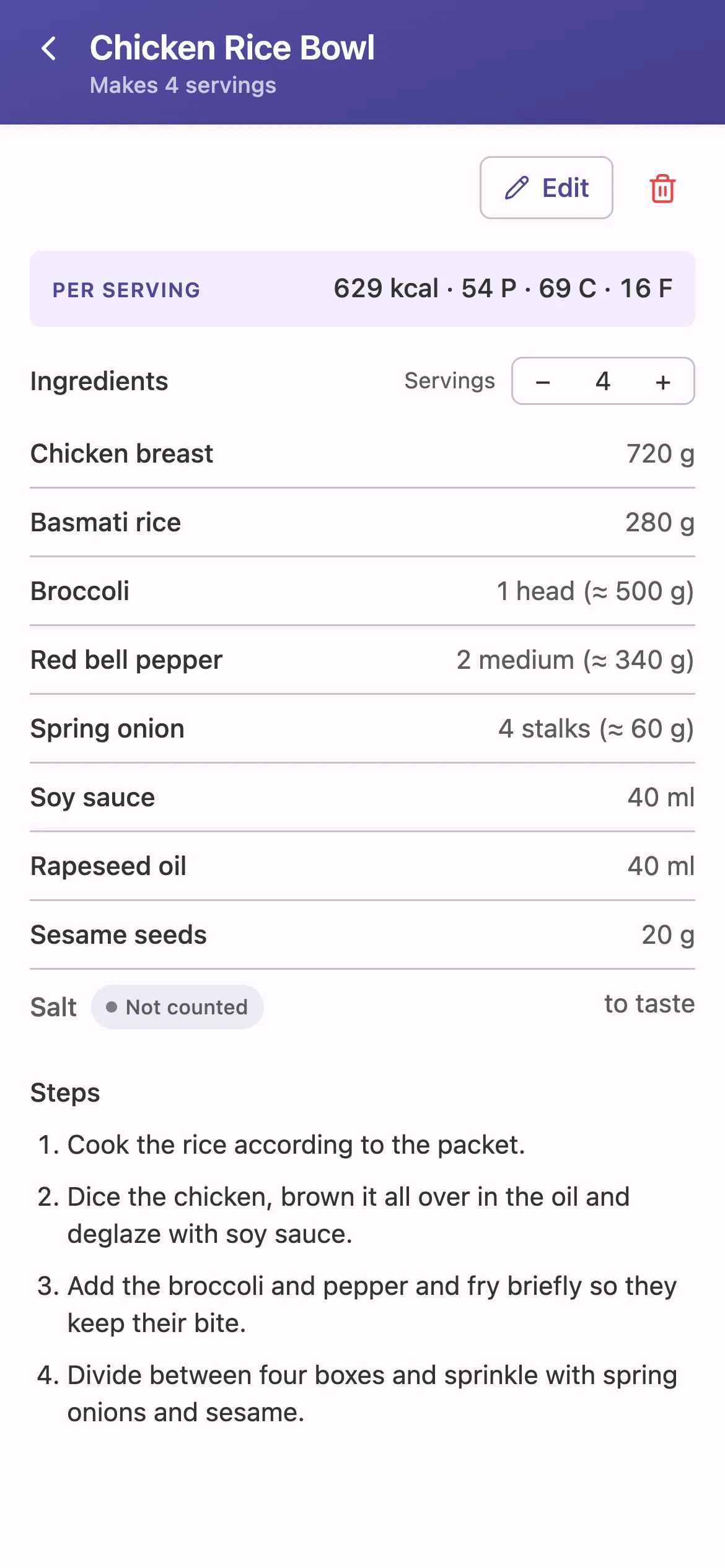 A saved recipe with ingredients and macros per portion.